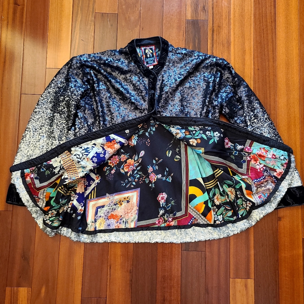 Johnny Was Sequin Black Silver M Shirt Jacket Cardigan Mobwife Casual Kimono - Picture 12 of 13